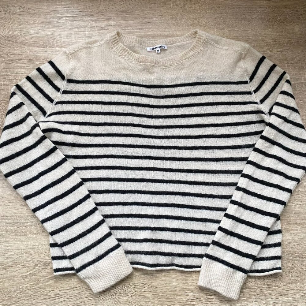 Reformation Cashmere Striped Boyfriend Sweater Cream Black XS